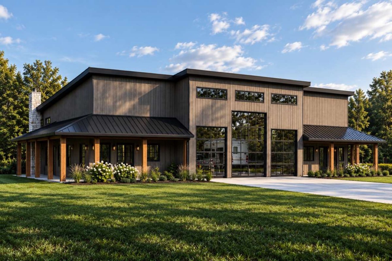 Modern black metal barndominium home in an open field